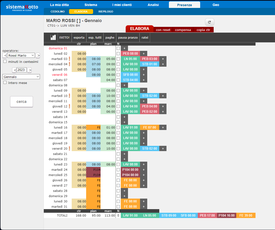 screenshot of SISTEMA OTTO presenze in cloud